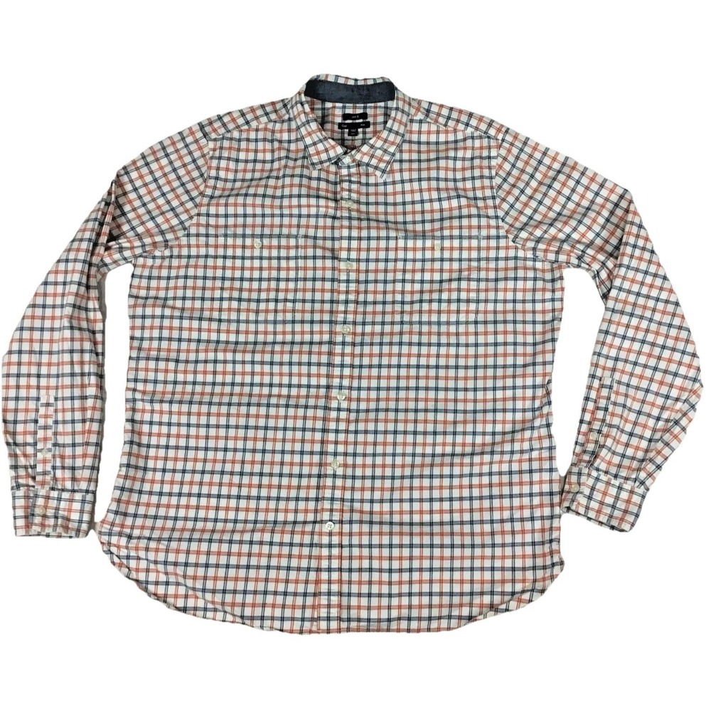 Gap Mens XXL Slim Fit Button Up Shirt Tangy Orange Blue Plaid Long Sleeve Cotton